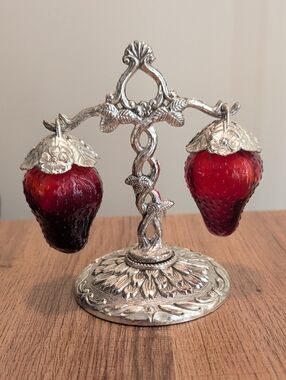 1940s Vintage Red Strawberry Glass Salt & Pepper Shakers with Cadmium Stand